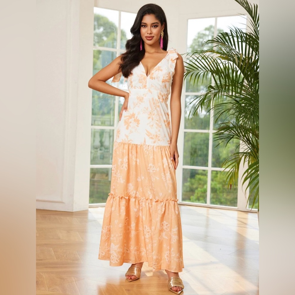 NWOT Floral Orange and White Tiered Maxi Dress
